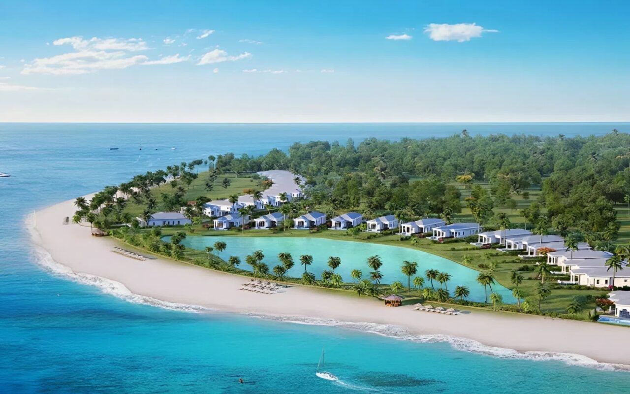 Phối cảnh siêu dự án Vinhomes Làng Vân (Vinhomes Hải Vân Bay) ôm trọn vịnh biển Nam Chơn, thể hiện sự hoành tráng và vị thế độc bản của dự án.